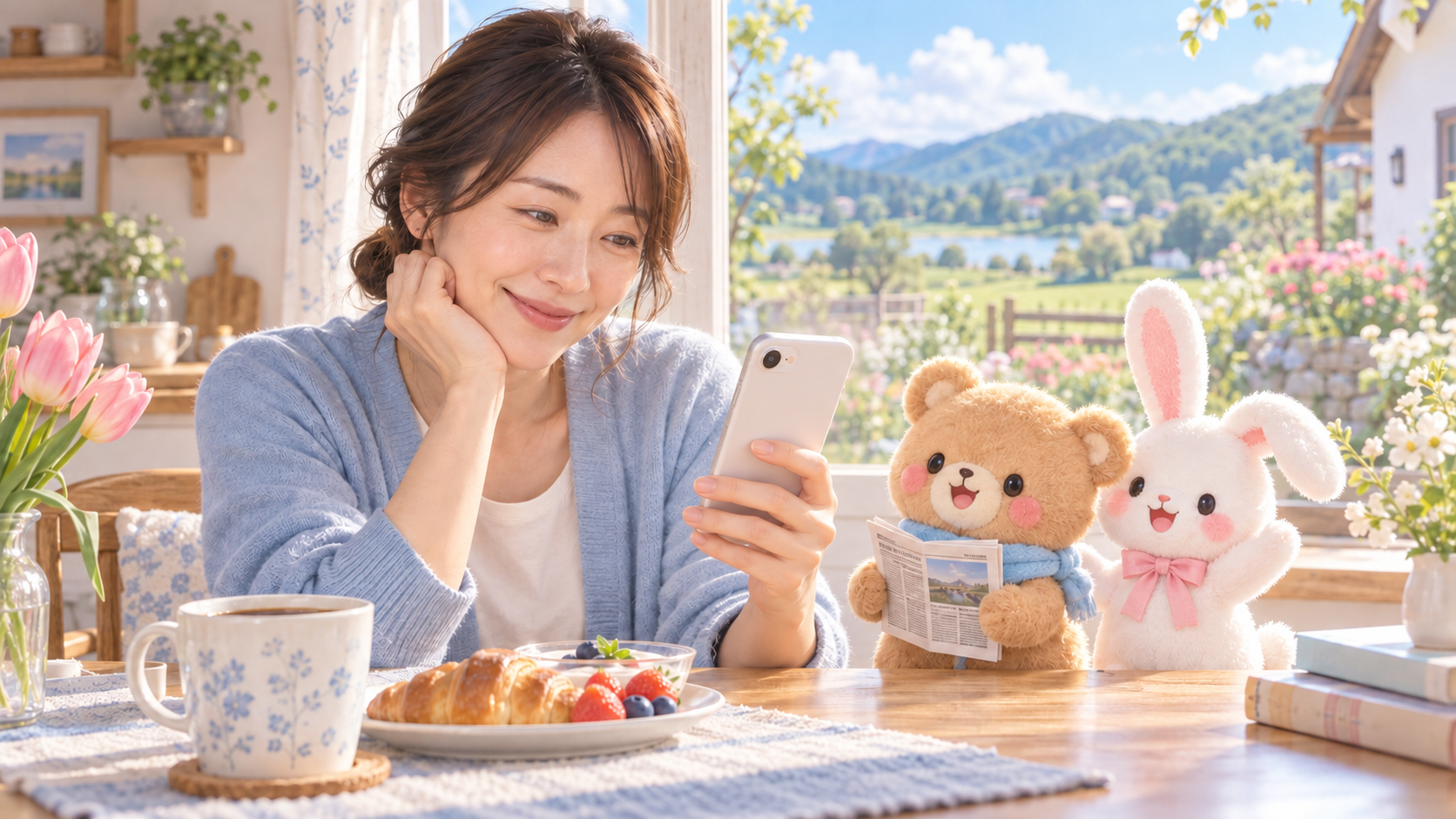 朝の食卓でスマホのニュースを読む人とむぎもも